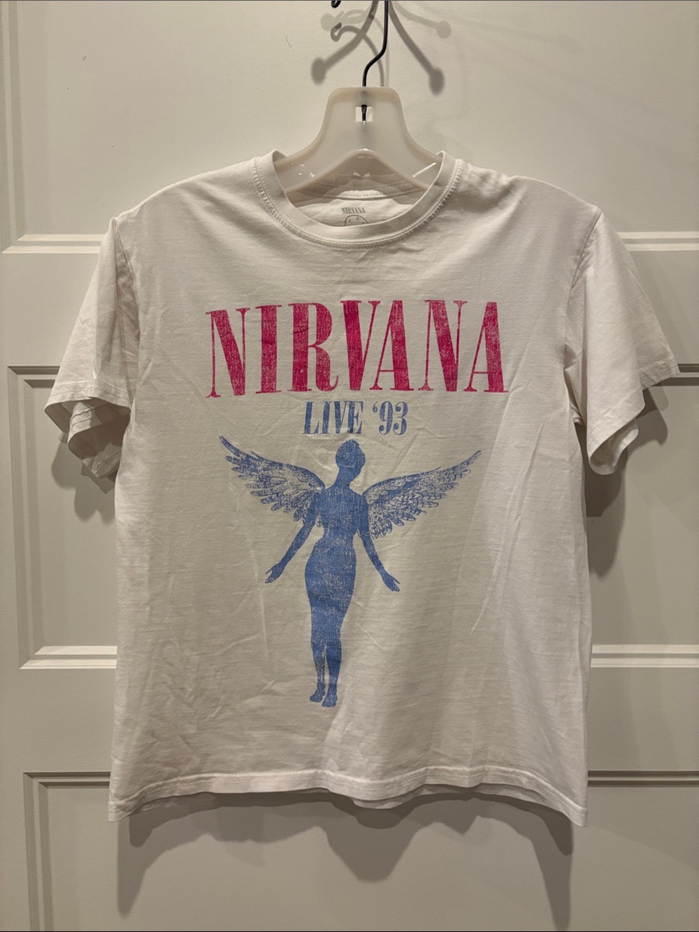 NIRVANA White Tee with Gray Smiley Neck Print